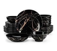 LOVECASA Dinner Sets, Daphne Stoneware Dinner Set, 24 Piece Plates and Bowls Set Include Large Dinner Plates, Dessert Plates, Cereal Bowls Set and Pasta Bowls, Black and Gold