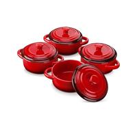 LOVECASA Mini Cocottes 12 OZ / 380ml with Lids and Handles, Set of 4 Single-portion Stoneware French Onion Soup Bowls, Round Casserole Baking Dishes, Oven and Dishwasher Safe, Rust Red Gradient