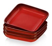 LOVECASA Pasta Bowls Set of 4, 35 OZ Square Serving Bowls, 8.3" Large Pasta Bowls Salad Bowls, Ceramic Dinner Plates, Cereal Dessert Plates, Red.