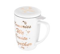 LOVECASA, Porcelain Tea Cup with Infuser 480ml, Mug with Micro-Perforated Stainless Steel Filter and Lid (Remember)