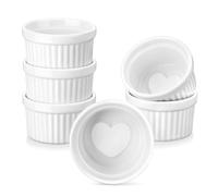 LOVECASA Ramekins 4 oz for Creme Brulee, Porcelain White Ramekin Set Souffle Dishes Oven Safe for Baking and Dipping Sauces Bowls, Heart-shaped Bottom, Set of 6