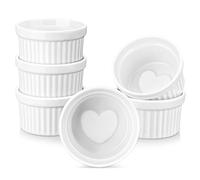 LOVECASA Ramekins 6 oz for Creme Brulee, Porcelain White Ramekin Set Souffle Dishes Oven Safe for Baking and Dipping Sauces Bowls, Heart-shaped Bottom, Set of 6