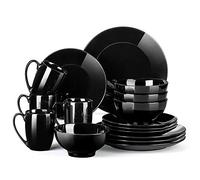 LOVECASA, Series Sweet, Porcelain Round Dinner Set, Black, 16 Pieces, Kitchen Tableware, Dining Tableware, Ceramic Dinnerware Set with 4 Pieces Dinner Plates, Dessert Plates, Bowls and Mugs, Service
