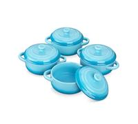 LOVECASA Stoneware Small Casserole Dishes Set 12 oz/380 ml, Mini Cocottes with Lids and Handles, French Onion Soup Bowls, Individual Ramekins for Oven,Set of 4, Blue Gradient