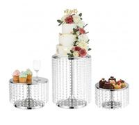 LoveCat Silver Cake Stand Set of 3, Round Charming Cake Pans with Crystal Beads for Dessert Table Christmas Wedding Birthday Baby Shower Display