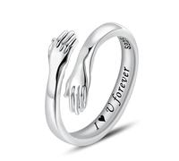 LOVECOM S925 Sterling Silver Hug Rings for Women Adjustable Hugging Hands Open Ring for Men Promise Rings Jewelry Birthday Mothers Day Gifts for Dad Mom Wife Daughters Grandma Best Friend, US Size 8,