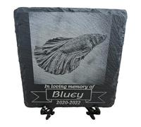 LoveCraftsLove Custom Fish Pet Memorial Stone - 11x11cm Square Plaque - Personalized with Name, Date & Photo - Handcrafted Natural Stone