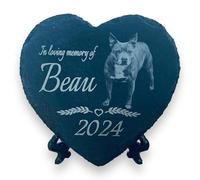 LoveCraftsLove Personalized Pet Dog Memorial Stone Plaque, Heart Shape 11cm x 11cm with Stand, Custom Name, Photo & Date, Handcrafted Natural Stone