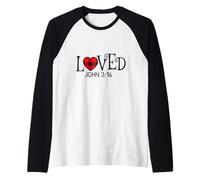 Loved John 3:16 Red Plaid Heart Christian Valentines Love Raglan Baseball Tee