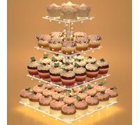 LoveDisplay 4 Tier Acrylic Cupcake Stand with LED Light for Weddings, Birthday Parties (Yellow Light)