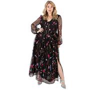 Lovedrobe Ladies Maxi Dress for Women Plus Size Curve Embroidered Flowers Mesh Long Sleeve Bishop V Neckline Slit Split Black Size 16
