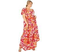 Lovedrobe Ladies Plus Size Summer Maxi Dresses for Women Flowers Short Sleeve Frilly Pull on Curve Lace High Waist Square Neck Women's Dress, red, 16