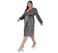 Lovedrobe Ladies Womens Plus Size Curve Midi Dress Sequins Wrap Shimmery Bow Tie Belt with Long Sleeve Bishop Slit Black Silver Size 24