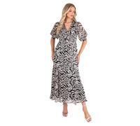 Lovedrobe Womens Beige Black Printed Midi Dress, Elegant V Neck Short Sleeve Waisted Day to Evening Dress