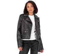 Lovedrobe Women's Biker Jacket Ladies Faux Leather Motorcycle Long Sleeve Distressed Asymmetric Zip Stud Belt Pocket Casual Coat, Black 20
