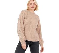 Lovedrobe Women's Cable Knit Jumper Ladies Crew Neck Sweater Long Balloon Sleeve Pearl Embellished Oversized Longline Knitwear, Camel 8-10, Camel, 8-10
