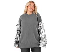Lovedrobe Women's Crew Neck Jumper Ladies Balloon Sleeve Sweater Oversized Sequin Embellished Dropped Shoulder Pullover Knitwear, Charcoal 12-14