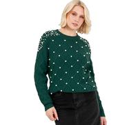 Lovedrobe Women's Crew Neck Jumper Ladies Cable Knit Long Sleeve Sweater Pearl Embellished Pullover Smart Casual Knitwear, Emerald Green 12-14