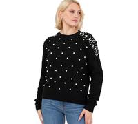 Lovedrobe Women's Crew Neck Jumper Ladies Cable Knit Long Sleeve Sweater Pearl Embellished Pullover Smart Casual Knitwear, Black 20-22