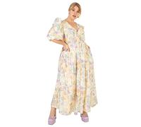 Womens Ladies Maxi Summer Dress for Plus Size Curve 3/4 Sleeve Puffed V Neck High Empire Waist Long for Summer Party Cream Size 18