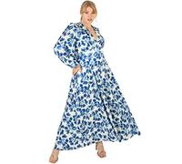 Lovedrobe Womens Dress for Plus Size Ladies V Neckline Maxi Long Sleeve Length Tie Belt Bishop Flower Pattern for Office Party Blue Size 22