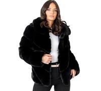 Lovedrobe Women's Faux Fur Coat Ladies Jacket Long Sleeve Collared Faux Leather Side Pockets Autumn Winter Outerwear, Black 10