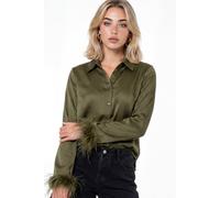 Lovedrobe Women's Feather Cuff Satin Shirt in Olive | Size: 22 Lovedrobe Olive 22
