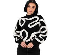 Lovedrobe Women's Jumper Ladies Sweater High Neckline Satin Squiggle Appliqué Long Sleeve Pullover Soft Knitwear Top, Black 24-26