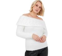 Lovedrobe Women's Jumper Ladies Sweater Off Shoulder Bardot Long Sleeve Pearl Embellished Fine Eyelash Knitwear, Ivory 24-26