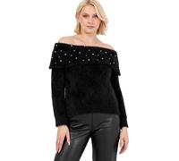 Lovedrobe Women's Jumper Ladies Sweater Off Shoulder Bardot Long Sleeve Pearl Embellished Fine Eyelash Knitwear, Black 12-14