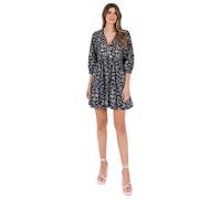 Lovedrobe Women's Ladies Knee-Length Dress Long Puff Sleeve V-Neck Wrap Front Smock Shift Abstract Leaf Print Cotton Casual Black 14
