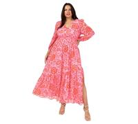 Lovedrobe Women's Ladies Maxi Dress Long Sleeve V-Neck Wrap Front Floral Animal Print Tie-Back A-line Elasticated Waist Pink 22
