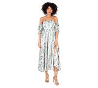 Lovedrobe Women's Ladies Midaxi Dress Bardot Off-The-Shoulder Neckline Short Ruffle Sleeve A-line Split Leg Abstract Print, Blue 24
