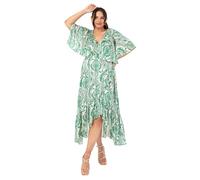 Lovedrobe Women's Ladies Midaxi Dress V-Neck Cape Sleeve Abstract Floral Print Ruffle Hi Low Hem Wrap Belted A-line Green 20