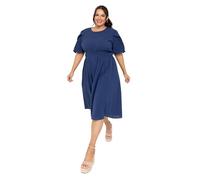 Lovedrobe Women's Ladies Midi Dress Round Neck Short Puff Sleeves Crossover Elasticated Waistband Textured A-line Casual Blue 16