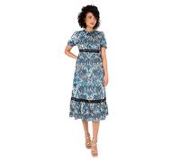 Lovedrobe Women's Ladies Midi Dress Round Neckline Short Puff Sleeve Tiered Hem Ruffle Abstract Print A-Line Casual Occasion Blue 10, Blue, 10