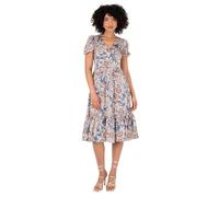 Lovedrobe Women's Ladies Midi Dress Short Puff Sleeve V-Neck Floral Print Tiered Hem Lace Trim A-line Casual Occasion Evening Grey 16