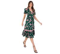 Lovedrobe Women's Ladies Midi Dress Short Puff Sleeve V-Neck Floral Print Tiered Hem Lace Trim A-line Casual Occasion Evening Green 16