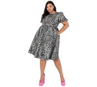 Lovedrobe Women's Ladies Midi Dress with Pockets Leopard Crew Neck Back Keyhole a Line Short Sleeve Shimmery