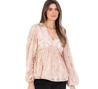 Lovedrobe Women's Ladies Peplum Top Long Sleeve V-Neckline Gold Foiled Floral Jacquard Gathered Waist Ruffle Frill Blouse Pale Pink 16