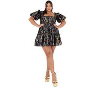 Lovedrobe Womens Ladies Plus Size Cocktail Mini Dress with Pockets Square Neckline Puffed Short Sleeve Tiered Black Curve Short Size 16
