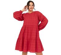 Lovedrobe Women's Ladies Smock Dress Knee-Length Round Neck Long Puff Sleeve Broderie Anglaise Smock Shift Cotton Casual Red 16