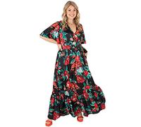 Lovedrobe Womens Maxi Dress for Plus Size Ladies V Neck Faux Wrap Short Sleeve Flutter Tropical Ruffle with Pockets for Summer Black Size 16