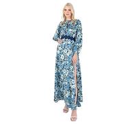 Lovedrobe Women's Maxi Dress Ladies Long Sleeve Satin Floral Lace Trim Round Crew Neck Slit Split Open Back A-line Wedding Guest, Blue, 14
