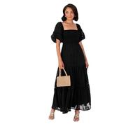 Lovedrobe Women's Maxi Dress Ladies Square Neckline Puff Sleeve Tiered Hem Floral Chiffon Shirred A-line Tie Back Milkmaid, Black 20