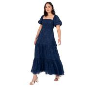 Lovedrobe Women's Maxi Dress Ladies Square Neckline Puff Sleeve Tiered Hem Floral Chiffon Shirred A-line Tie Back Milkmaid, Navy Blue 18