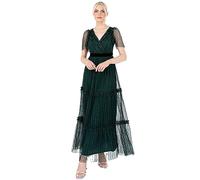 Lovedrobe Women's Maxi Ladies V-Neck Short Angel Sleeve Tulle Ruffles Wrap Top Velvet Waistband for Evening Occasion Party Dress, Green, 18