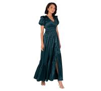 Lovedrobe Women's Maxi Dress Ladies V-Neck Short Sleeve Wrap Open Back Bow Detail Elasticated Waist Slit Satin A-line Occasion, Dark Green 14