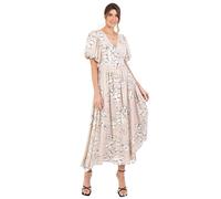 Lovedrobe Women's Ladies Maxi Dress Short Puff Sleeves V-Neckline Wrap Waist Tie A-line Evening Occasion Summer Wedding Guest Stone 14