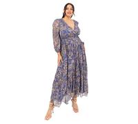 Lovedrobe Women's Maxi Long Sleeve V-Neck Wrap Front Floral Animal Print Tie-Back A-line Elasticated Waist Dress, Blue, 16